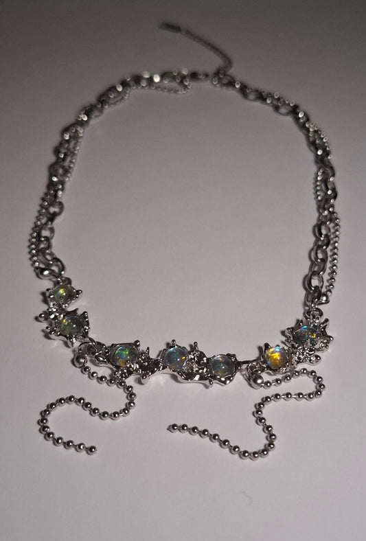 🌌 Opal Halskette Damen Silber – Glänzende Kette mit schimmernden Steinen | Mystischer Y2K Schmuck